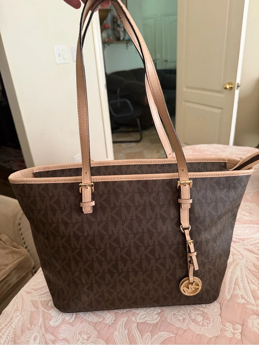 Michael Kors Brown Tote with Blush Trim and Gold Charm